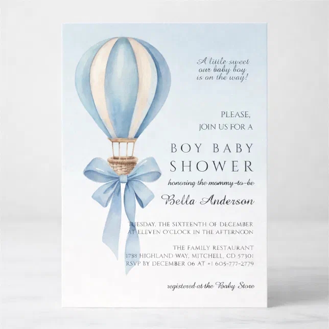 Blue Watercolor Hot Air Balloon Boy Baby Shower Invitation | Zazzle