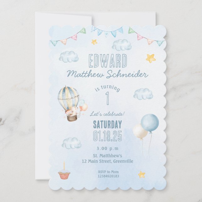 Blue Watercolor Hot Air Balloon Bunny Birthday Invitation (Front)