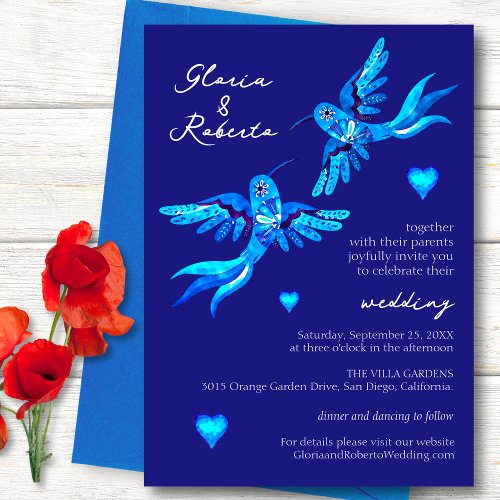 Blue Watercolor Hummingbirds Mexican Wedding  Invitation