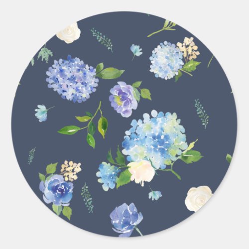 Blue Watercolor Hydrangea and Rose Floral Pattern Classic Round Sticker