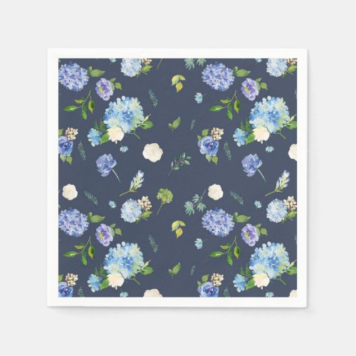 Blue Watercolor Hydrangea and Rose Floral Pattern Napkins