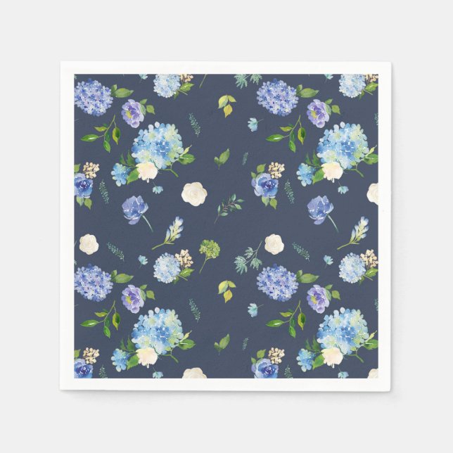 Blue Watercolor Hydrangea and Rose Floral Pattern Napkins (Front)