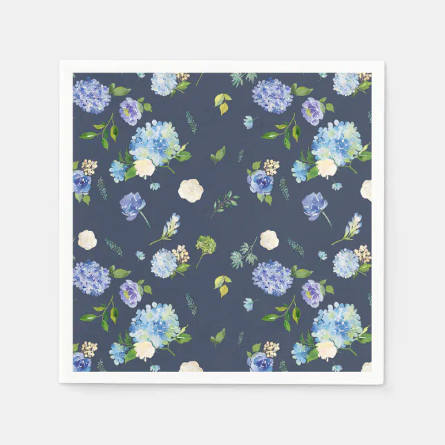 Blue Watercolor Hydrangea and Rose Floral Pattern Napkins | Zazzle
