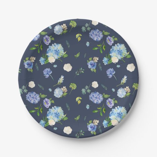 Blue Watercolor Hydrangea and Rose Floral Pattern Paper Plates