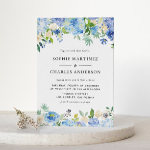 Blue Watercolor Hydrangea and Rose QR Code Wedding Invitation Postcard
