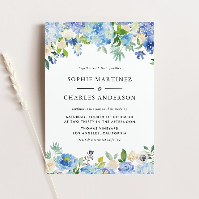 Blue Watercolor Hydrangea and Rose Winter Wedding Invitation Postcard (Blue Watercolor Hydrangea and Rose Winter Wedding Invitation Postcard)