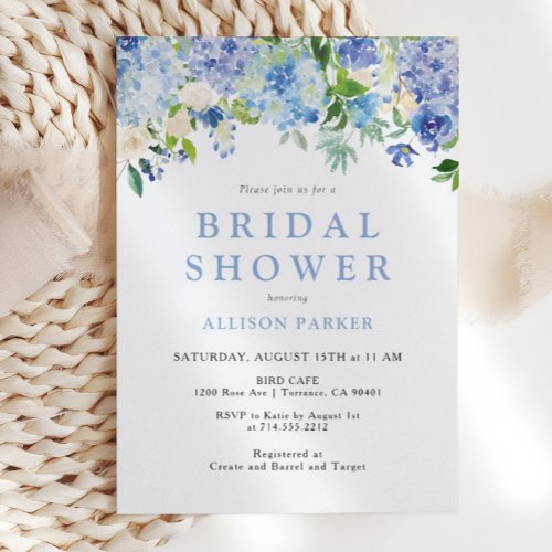 Blue Watercolor hydrangea Bridal Shower Invitation
