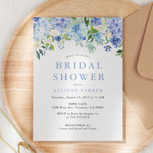 Blue Watercolor hydrangea Bridal Shower Invitation