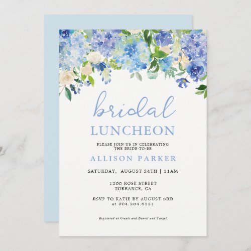 Blue Watercolor Hydrangea Floral Bridal Luncheon Invitation