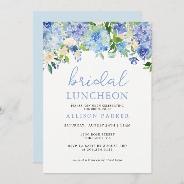 Blue Watercolor Hydrangea Floral Bridal Luncheon Invitation (Front/Back)