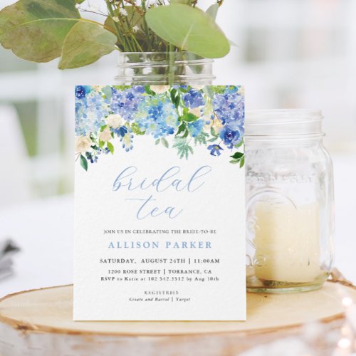 Blue Watercolor Hydrangea Floral Bridal Tea Invitation