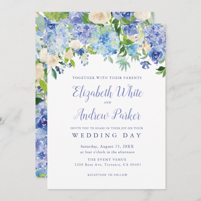 Blue Watercolor hydrangea Floral Wedding Card (Front/Back)