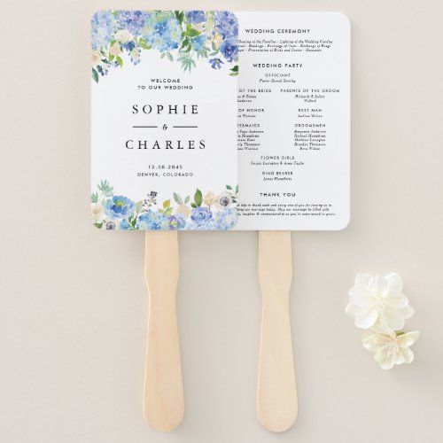 Blue Watercolor Hydrangea Floral Wedding Program Hand Fan