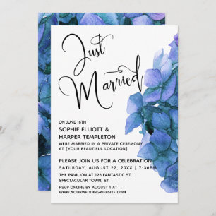 Blue Watercolor Hydrangea Just Married Reception Invitation