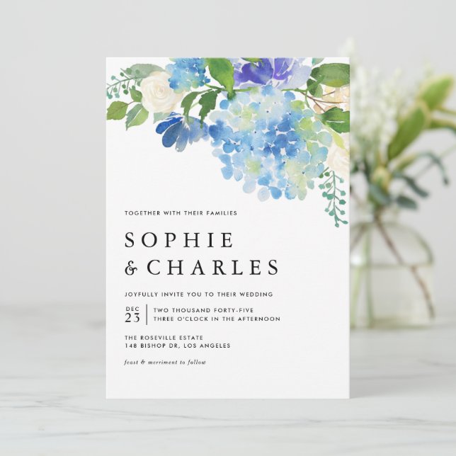 Blue Watercolor Hydrangea QR Code Wedding Invitation (Standing Front)