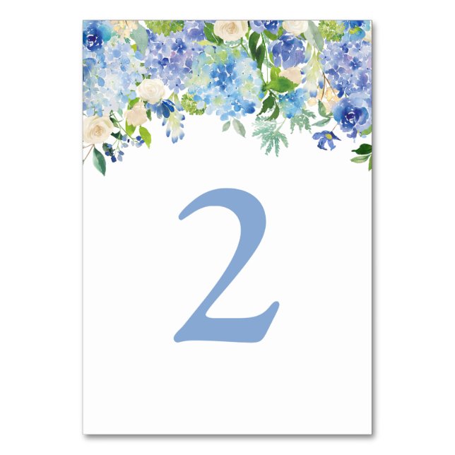 Blue Watercolor hydrangea Shower Table Numbers (Front)