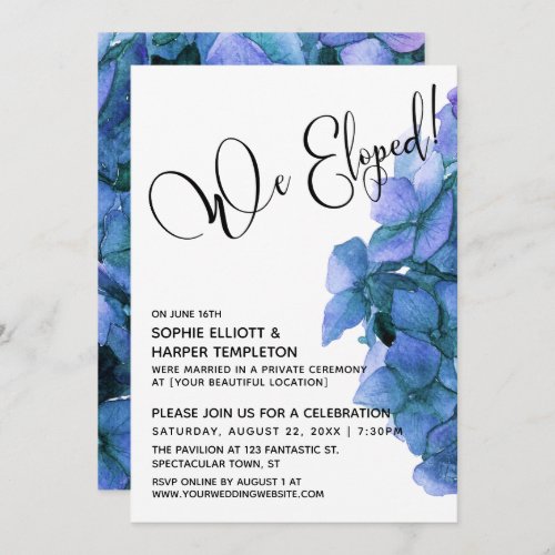 Blue Watercolor Hydrangea We Eloped Typography Invitation