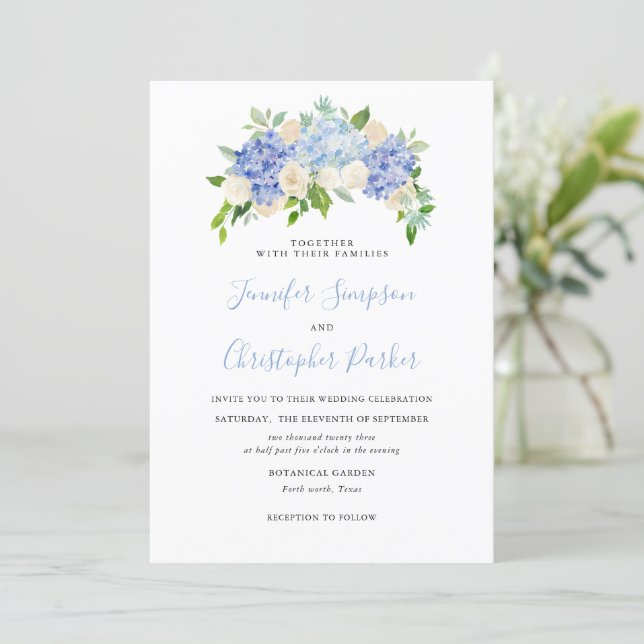 Blue Watercolor Hydrangea Wedding Invitation Cards (Standing Front)