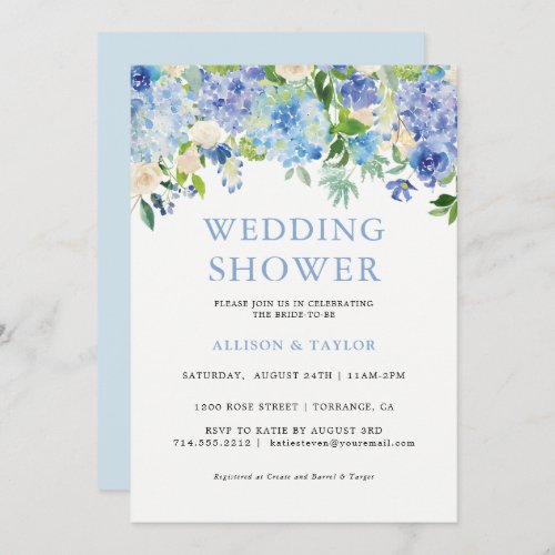 Blue Watercolor Hydrangea Wedding Shower Invitation