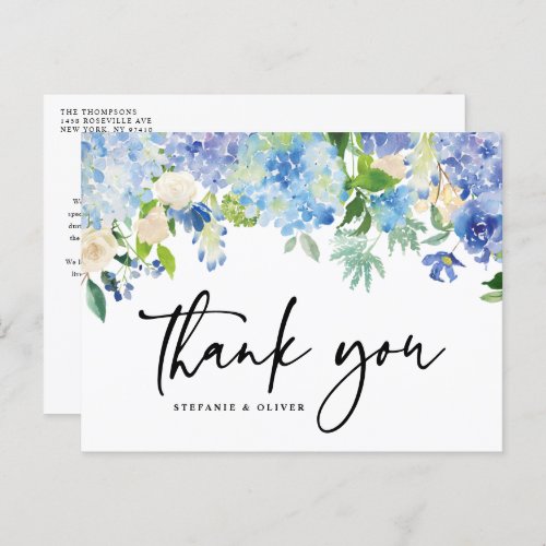 Blue Watercolor Hydrangea Winter Floral Thank You Postcard