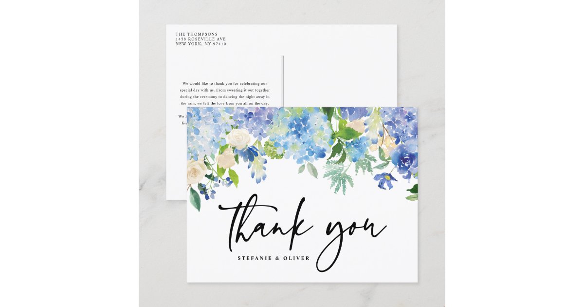 Blue Watercolor Hydrangea Winter Floral Thank You Postcard | Zazzle