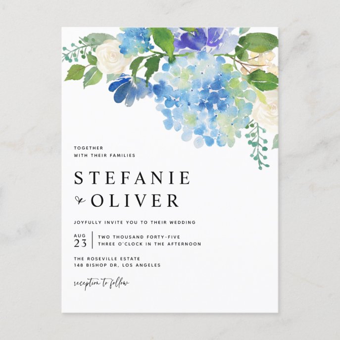 Blue Watercolor Hydrangea Winter Floral Wedding Invitation Postcard