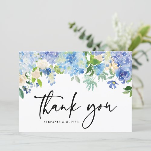 Blue Watercolor Hydrangea Winter Floral Wedding Thank You Card