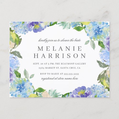 Blue Watercolor Hydrangea Wreath Bridal Shower Invitation Postcard