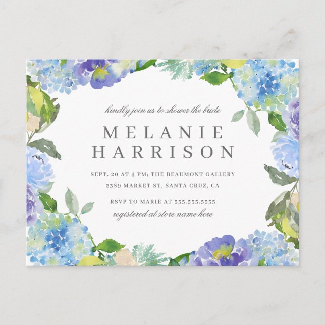Blue Watercolor Hydrangea Wreath Bridal Shower Invitation Postcard (Front)