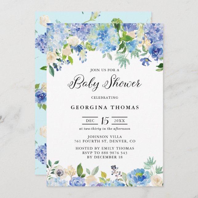 Blue Watercolor Hydrangeas and Roses Baby Shower Invitation (Front/Back)