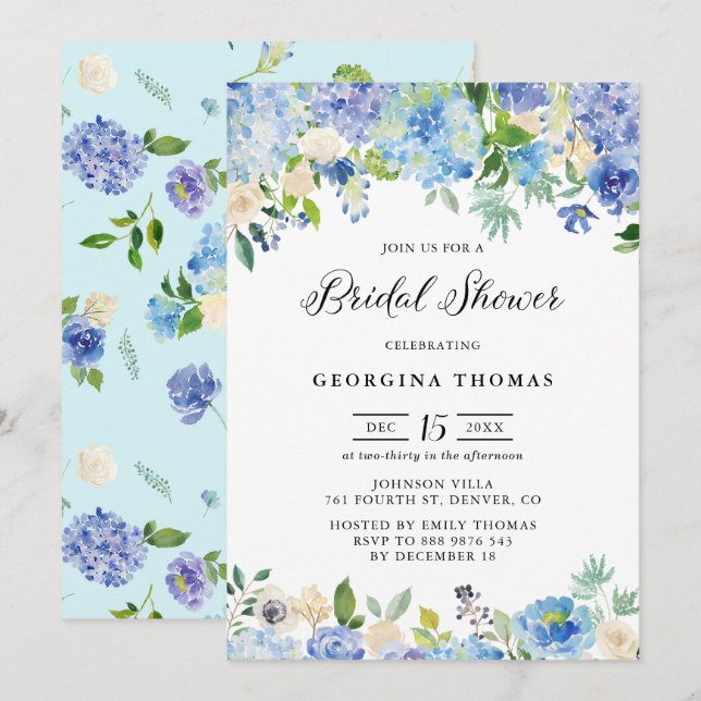 Blue Watercolor Hydrangeas and Roses Bridal Shower Invitation (Front/Back)