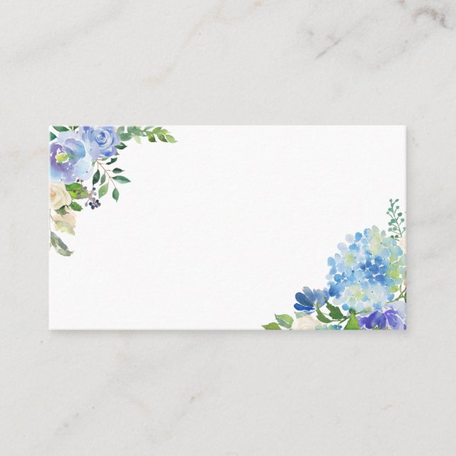 Blue Watercolor Hydrangeas and Roses Floral Place Card (Front)