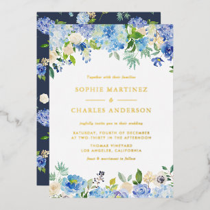 Blue Watercolor Hydrangeas Botanical Wedding Foil Invitation