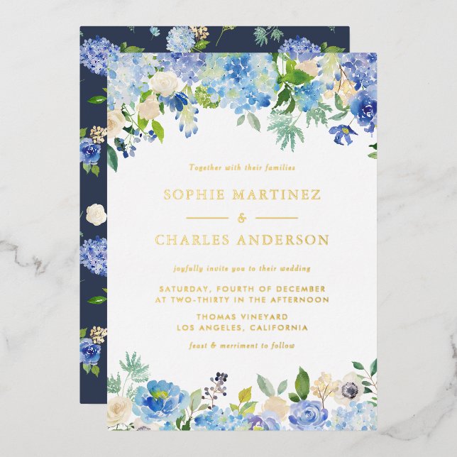 Blue Watercolor Hydrangeas Botanical Wedding Foil Invitation (Front/Back)