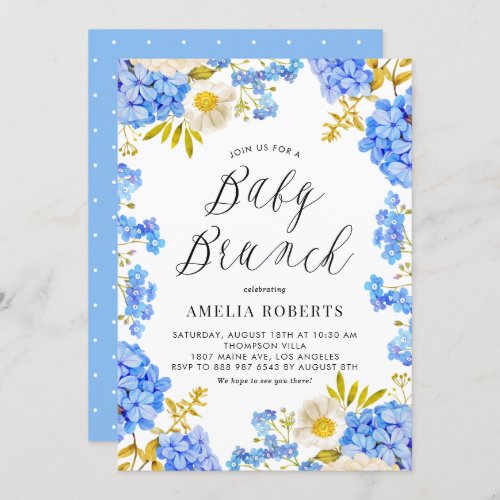 Blue Watercolor Hydrangeas Floral Baby Brunch Invitation