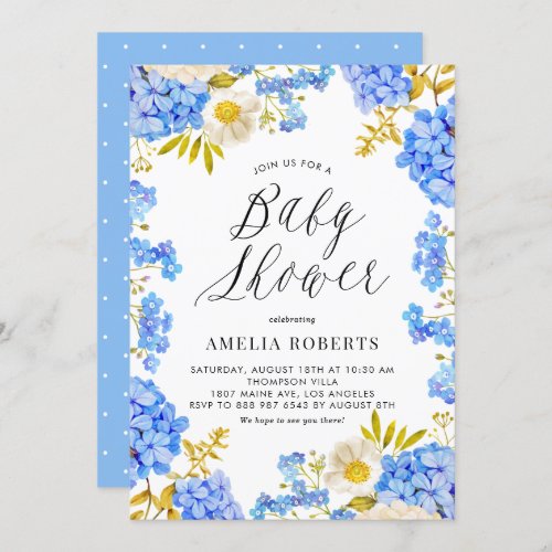 Blue Watercolor Hydrangeas Floral Baby Shower Invitation