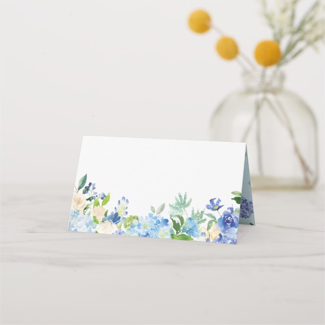 Blue Watercolor Hydrangeas Floral Garland Wedding Place Card (Front)