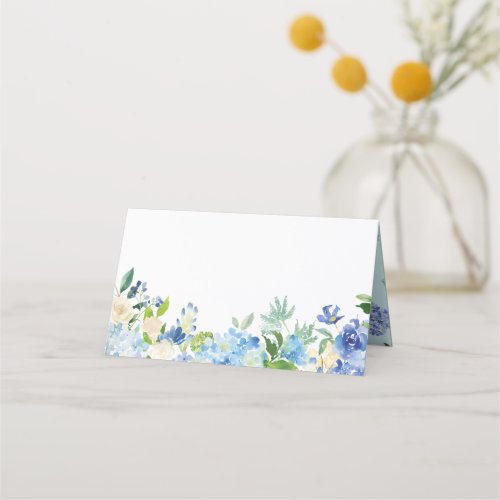Blue Watercolor Hydrangeas Floral Garland Wedding Place Card