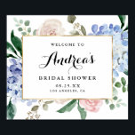 Blue Watercolor Hydrangeas Gold Foil Bridal Shower Poster<br><div class="desc">Welcome guests with this elegant customizable bridal shower welcome sign. It features watercolor blue hydrangeas, pastel peonies, eucalyptus leaves, greenery and a faux gold foil frame. Personalize this botanical welcome sign by adding your event details. This floral bridal shower sign is perfect for spring and winter bridal showers.</div>