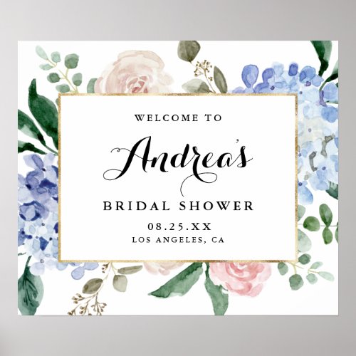 Blue Watercolor Hydrangeas Gold Foil Bridal Shower Poster