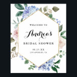 Blue Watercolor Hydrangeas Gold Foil Bridal Shower Poster<br><div class="desc">Welcome guests with this elegant customizable bridal shower welcome sign. It features watercolor blue hydrangeas,  pastel peonies,  eucalyptus leaves,  greenery and a faux gold foil frame. Personalize this botanical welcome sign by adding your event details. This floral bridal shower sign is perfect for spring and winter bridal showers.</div>