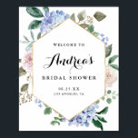 Blue Watercolor Hydrangeas Gold Foil Bridal Shower Poster<br><div class="desc">Welcome guests with this elegant customizable bridal shower welcome sign. It features watercolor blue hydrangeas,  pastel peonies,  eucalyptus leaves,  greenery and a faux gold foil frame. Personalize this botanical welcome sign by adding your event details. This floral bridal shower sign is perfect for spring and winter bridal showers.</div>