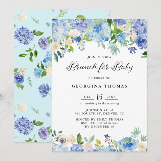 Blue Watercolor Hydrangeas & Roses Brunch for Baby Invitation (Front/Back)