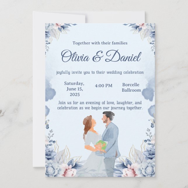 Blue Watercolor Illustration Wedding Invitation (Front)
