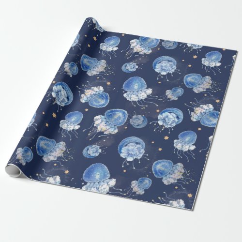 Blue Watercolor Jellyfish   Wrapping Paper