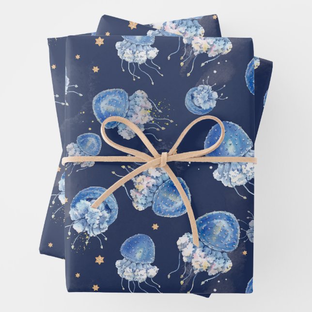 Blue Watercolor Jellyfish  Wrapping Paper Sheets (In situ)