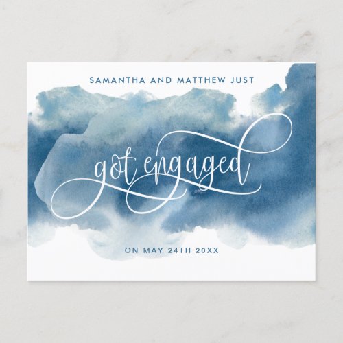 Blue Watercolor Just Got Engaged Engagement Announcement Postcard