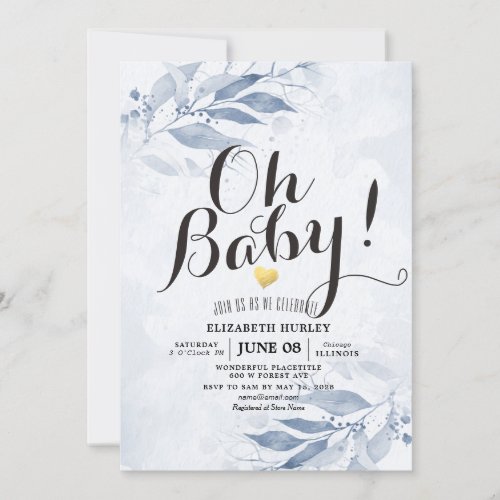 Blue Watercolor Leaf Botanical Floral Baby Shower Invitation