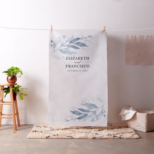 Blue Watercolor Leaf Wedding Photo Booth Backdrop (In Situ)