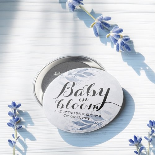 Blue Watercolor Leaves Baby Shower Baby in Bloom Button
